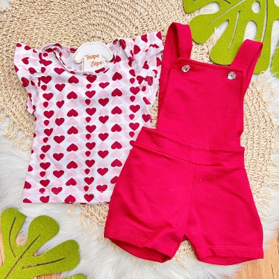 Conj. Blusa Corações e Jardineira - Vermelho e Off White